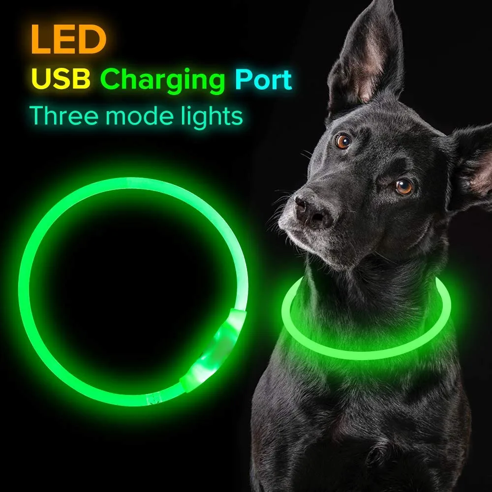 Black dog with a glowing green LED collar — USB charging, three light modes