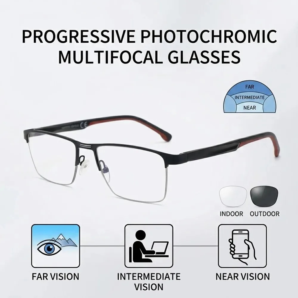 Progressive photochromic multifocal glasses — far, intermediate and near vision zones